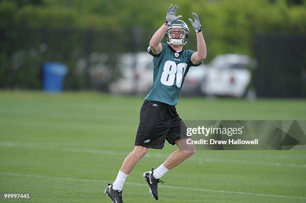 Wide receiver Blue Cooper of the Philadelphia Eagles catches a pass during practice on May 19, 2010 at the NovaCare Complex in Philadelphia,...