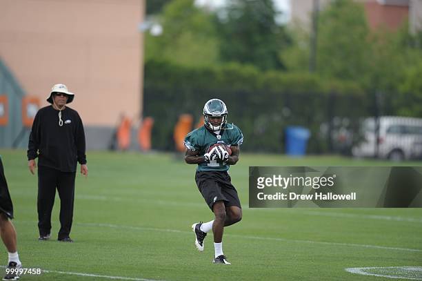 Wide receiver Dobson Collins of the Philadelphia Eagles catches a pass during practice on May 19, 2010 at the NovaCare Complex in Philadelphia,...