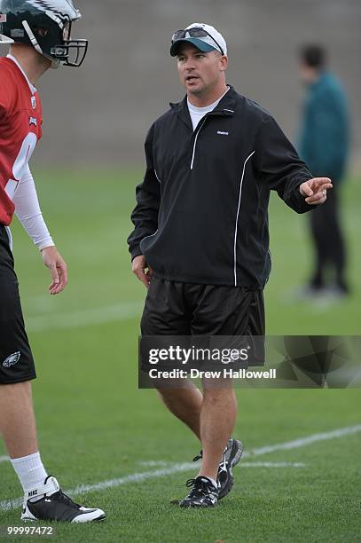 Quarterback coach James Urban of the Philadelphia Eagles coaches during practice on May 19, 2010 at the NovaCare Complex in Philadelphia,...