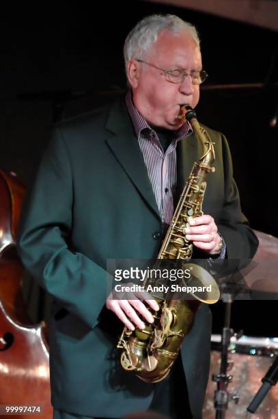 American Jazz composer and saxophonist Lee Konitz performs on stage at Pizza Express Jazz Club, Soho on May 19, 2010 in London, England.