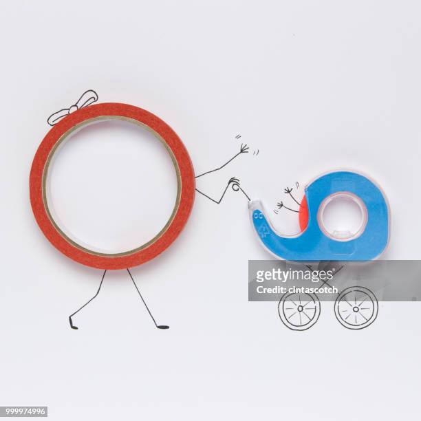 conceptual woman pushing her baby son in a pram - sticky tape stock illustrations