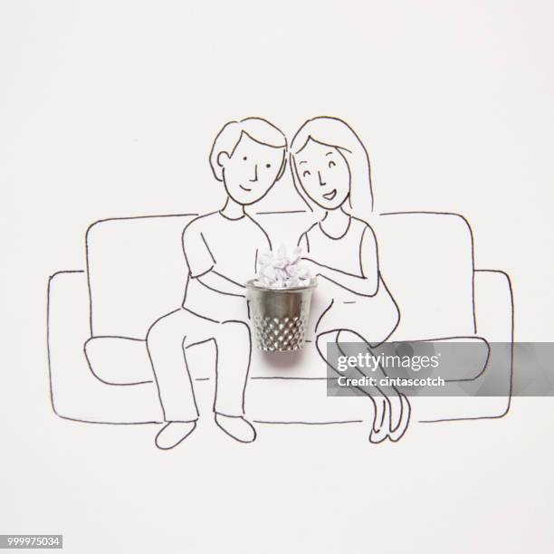 couple sitting on a couch eating popcorn - thimble stock illustrations