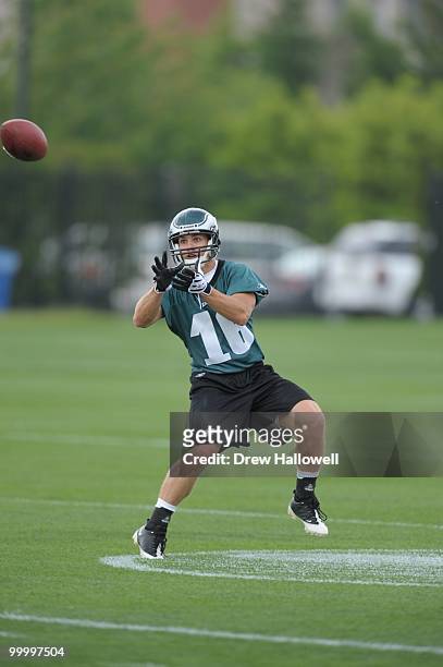 Wide receiver Chad Hall of the Philadelphia Eagles runs during practice on May 19, 2010 at the NovaCare Complex in Philadelphia, Pennsylvania.
