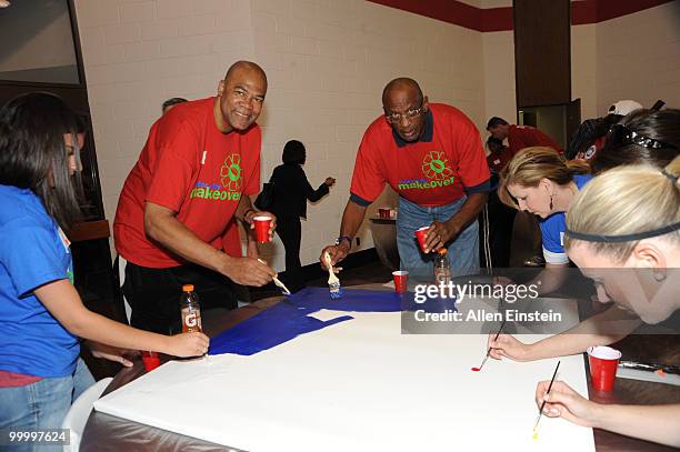 James Edwards and Bob Lanier, NBA Legends, display their painting talents during the Leadership Detroit initiative part of the 2010 Motor City...