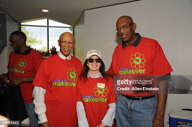 Mayor Dave Bing, Mayor of Detroit and NBA Legend, Mrs. Karen Davidson, Detroit Pistons Owner, and Bob Lanier, NBA Legend pose before the start of the...
