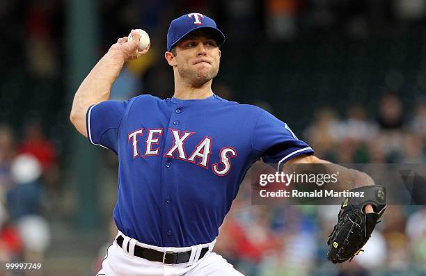 Pitcher Rich Harden of the Texas Rangers throws against the Baltimore Orioles on May 19, 2010 at Rangers Ballpark in Arlington, Texas.