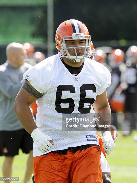 Offensive lineman Shawn Lauvao of the Cleveland Browns runs sprints during the team's organized team activity on May 19, 2010 at the Cleveland Browns...