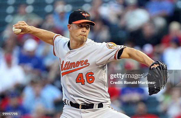 Pitcher Jeremy Guthrie of the Baltimore Orioles throws against the Texas Rangers on May 19, 2010 at Rangers Ballpark in Arlington, Texas.