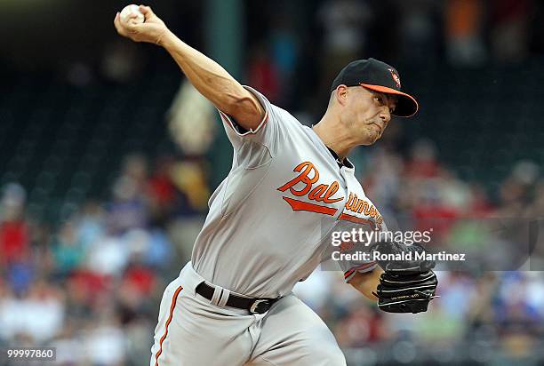 Pitcher Jeremy Guthrie of the Baltimore Orioles throws against the Texas Rangers on May 19, 2010 at Rangers Ballpark in Arlington, Texas.