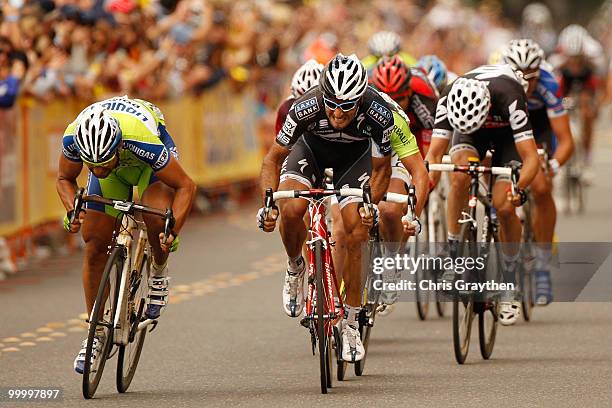 Francesco Chicchi of Italy, riding for team Liquigas-Doimo sprints ahead to win over Juan Jose Haedo of Argentina riding for Saxo Bank at the finish...