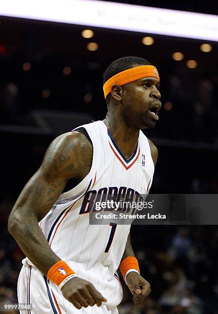 Stephen Jackson of the Charlotte Bobcats reacts during the game against the San Antonio Spurs on January 15, 2010 at Time Warner Cable Arena in...