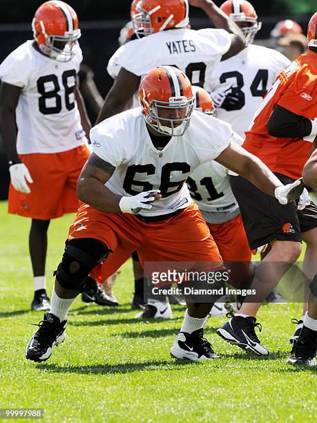 Offensive lineman Shawn Lauvao of the Cleveland Browns blocks during the team's organized team activity on May 19, 2010 at the Cleveland Browns...