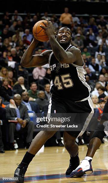 DeJuan Blair of the San Antonio Spurs looks to the basket during the game against the Charlotte Bobcats on January 15, 2010 at Time Warner Cable...
