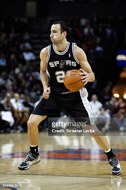 Manu Ginobili of the San Antonio Spurs moves across the court during the game against the Charlotte Bobcats on January 15, 2010 at Time Warner Cable...