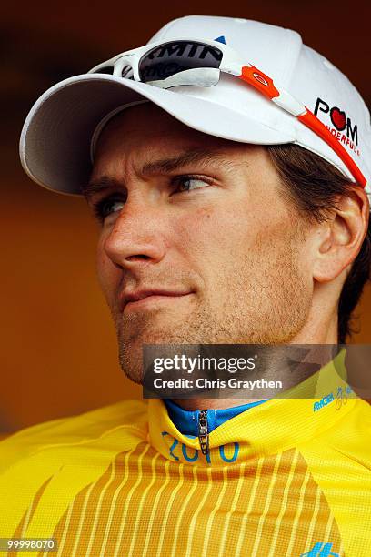 David Zabriskie of Garmin-Transitions celebrates on the podium after keeping the yellow leader's jersey after the fourth stage of the Tour of...