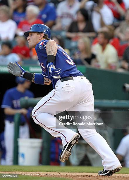 Josh Hamilton of the Texas Rangers hits a solo homerun against the Baltimore Orioles on May 19, 2010 at Rangers Ballpark in Arlington, Texas.