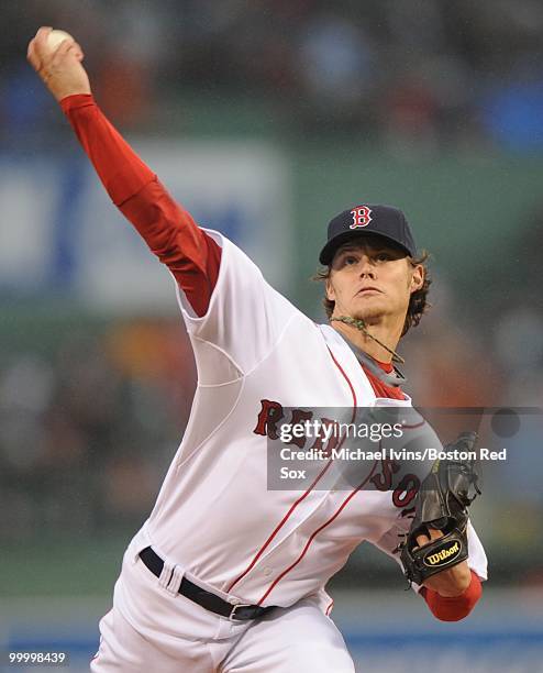 Clay Buchholz of the Boston Red Sox pitches against the Minnesota Twins in the first inning on May 19, 2010 at Fenway Park in Boston, Massachusetts.