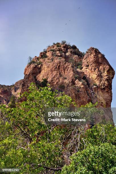 an unkindness of ravens flying over a peak of the chisos mountains - chisos mountains stockfoto's en -beelden
