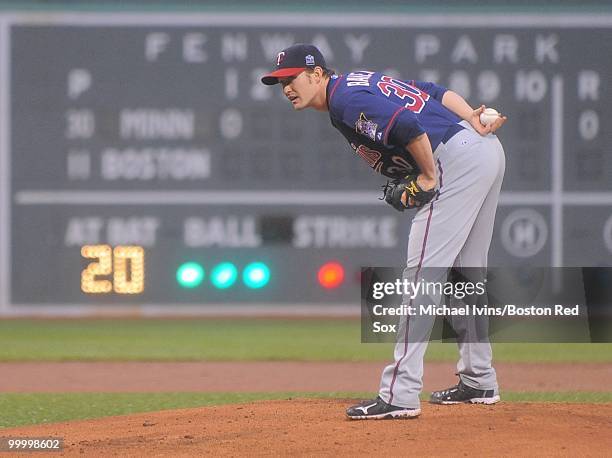 Scott Baker of the Minnesota Twins pitches against the Boston Red Sox in the first inning on May 19, 2010 at Fenway Park in Boston, Massachusetts.