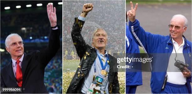 Combination picture made on July 16, 2018 shows Germany's former player and coach Franz Beckenbauer in Lisbon on February 25 France's coach Didier...