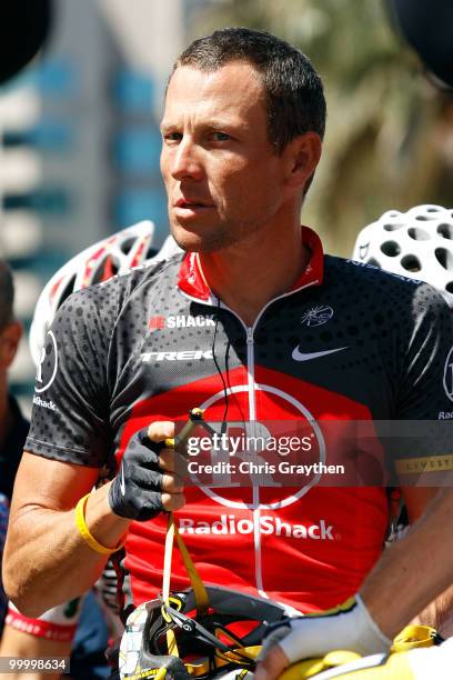 Lance Armstrong of Team Radio Shack waits for the start of the fourth stage of the Tour of California on May 19, 2010 in San Jose, California.