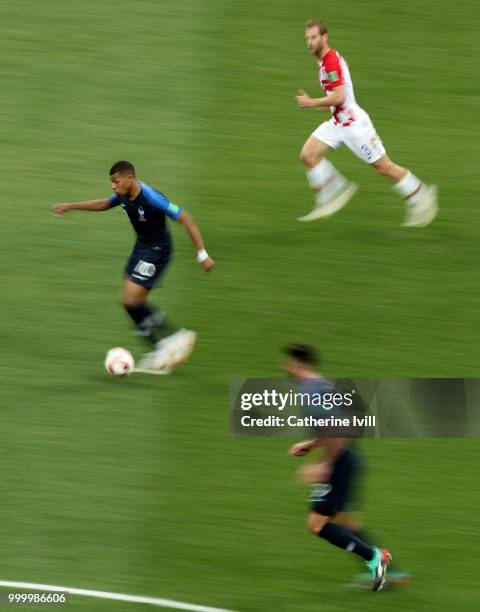 Motion blur of Kylian Mbappe of France during the 2018 FIFA World Cup Russia Final between France and Croatia at Luzhniki Stadium on July 15, 2018 in...