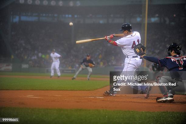 Victor Martinez of the Boston Red Sox hit a long fly ball that came within a few feet of a home run against the Minnesota Twins in the first inning...