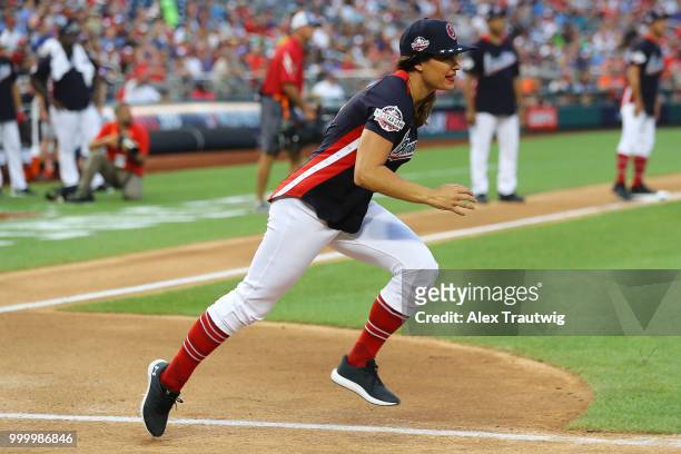 Jessica Mendoza runs to first base during the Legends & Celebrity Softball Game at Nationals Park on Sunday, July 15, 2018 in Washington, D.C. ***...