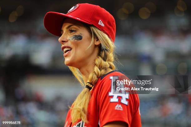 Actress Ashley Greene reacts during the Legends & Celebrity Softball Game at Nationals Park on Sunday, July 15, 2018 in Washington, D.C. *** Ashley...