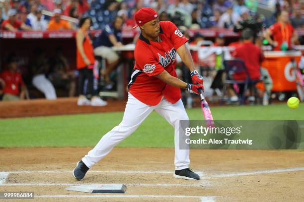 Actor J.R. Martinez bats during the Legends & Celebrity Softball Game at Nationals Park on Sunday, July 15, 2018 in Washington, D.C. *** J.R. Martinez