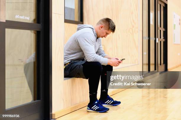 Jack Goodhue looks on following a Crusaders Super Rugby training session at St Andrew's College on July 16, 2018 in Christchurch, New Zealand.