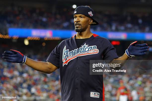 Jamie Foxx reacts during the Legends & Celebrity Softball Game at Nationals Park on Sunday, July 15, 2018 in Washington, D.C. *** Jamie Foxx