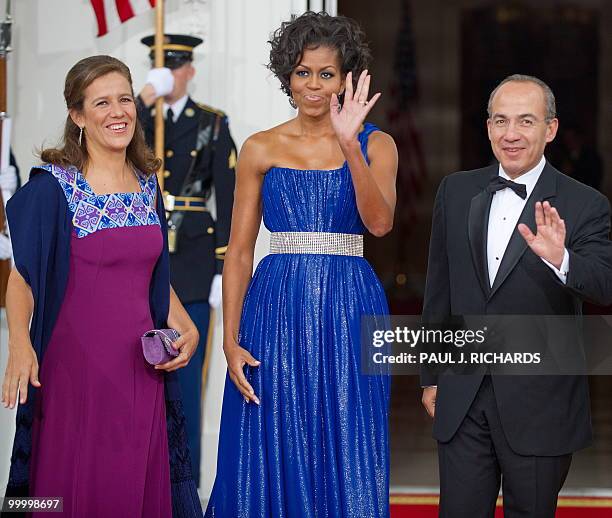 Mexican First Lady Maragarita Zavala, US First Lady Michelle Obama, and Mexican President Felipe Calderon are seen at the arrival of the Mexican...