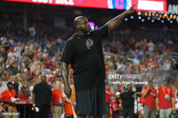 Shaquille O'Neal calls his shot during the Legends & Celebrity Softball Game at Nationals Park on Sunday, July 15, 2018 in Washington, D.C. ***...