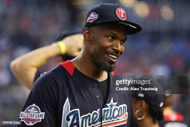 Jamie Foxx reacts during the Legends & Celebrity Softball Game at Nationals Park on Sunday, July 15, 2018 in Washington, D.C. *** Jamie Foxx