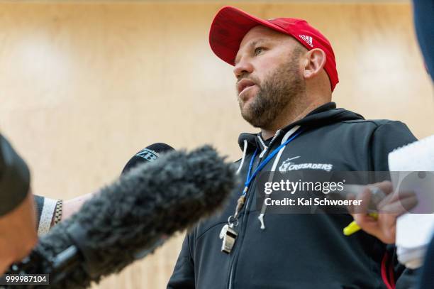 Assistant Coach Jason Ryan speaks to the media following a Crusaders Super Rugby training session at St Andrew's College on July 16, 2018 in...