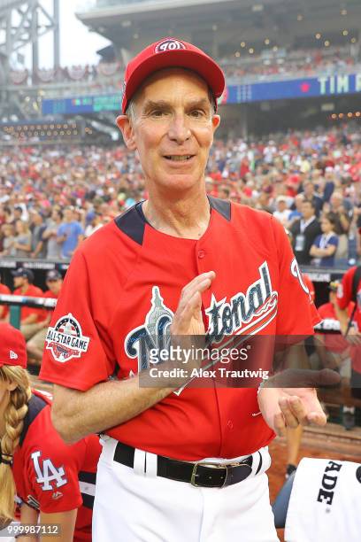 Bill Nye reacts during the Legends & Celebrity Softball Game at Nationals Park on Sunday, July 15, 2018 in Washington, D.C. *** Bill Nye