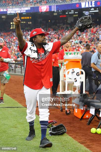 Wale addresses the crowd during the Legends & Celebrity Softball Game at Nationals Park on Sunday, July 15, 2018 in Washington, D.C. *** Wale