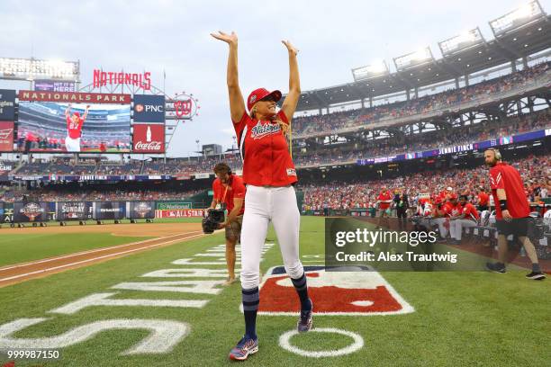 Jennie Finch waves to the crowd during the Legends & Celebrity Softball Game at Nationals Park on Sunday, July 15, 2018 in Washington, D.C. ***...