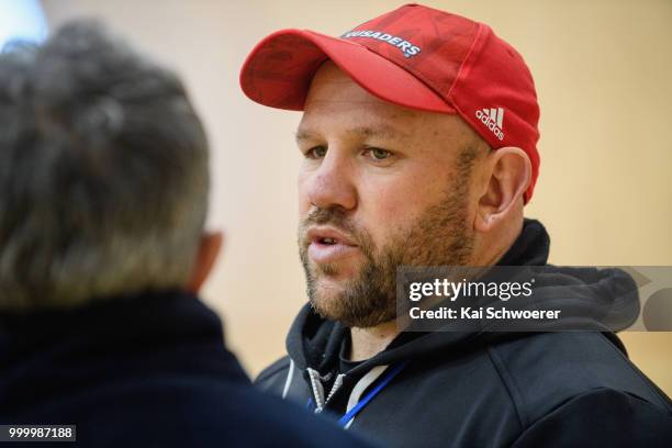 Assistant Coach Jason Ryan speaks to the media following a Crusaders Super Rugby training session at St Andrew's College on July 16, 2018 in...