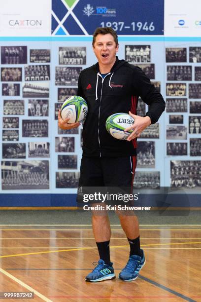 Assistant Coach Brad Mooar of the Crusaders looks on during a Crusaders Super Rugby training session at St Andrew's College on July 16, 2018 in...