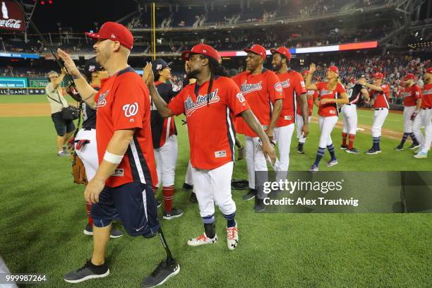 Players line up after the Legends & Celebrity Softball Game at Nationals Park on Sunday, July 15, 2018 in Washington, D.C. ***