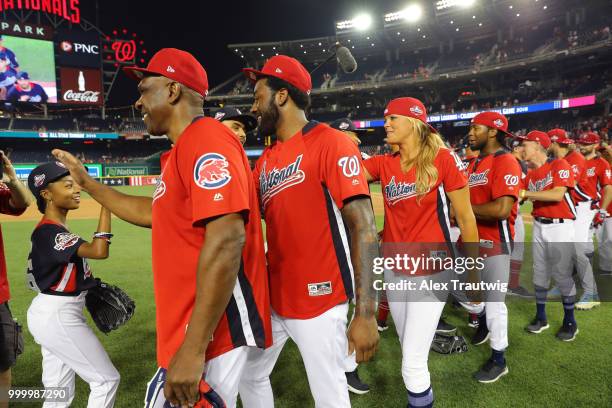 Players line up after the Legends & Celebrity Softball Game at Nationals Park on Sunday, July 15, 2018 in Washington, D.C. ***