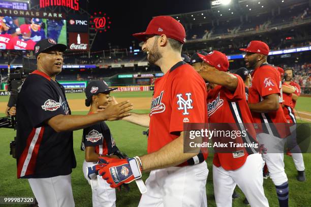 Players line up after the Legends & Celebrity Softball Game at Nationals Park on Sunday, July 15, 2018 in Washington, D.C. ***