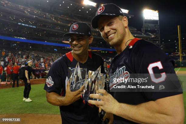 S Carlos Pena and Mike "The Miz" Mizanin show off their trophies during the Legends & Celebrity Softball Game at Nationals Park on Sunday, July 15,...