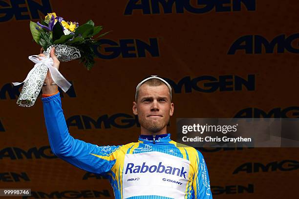 Lars Boom of the Netherlands, riding for Rabobank Cycling celebrates after winning the Breakaway from Cancer Most Courageous Jersey during stage four...