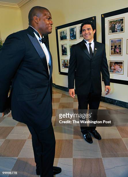 Washington, DC NY Jets football stars Mark Sanchez, right, and D'Brickashaw Ferguson arrive for President Barack Obama, holding a State Dinner for...