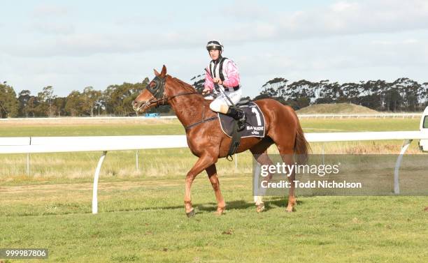 All Day Every Day ridden by Craig Robertson returns after the Shannon Bros Cartage BM58 Handicap at Murtoa Racecourse on July 16, 2018 in Murtoa,...