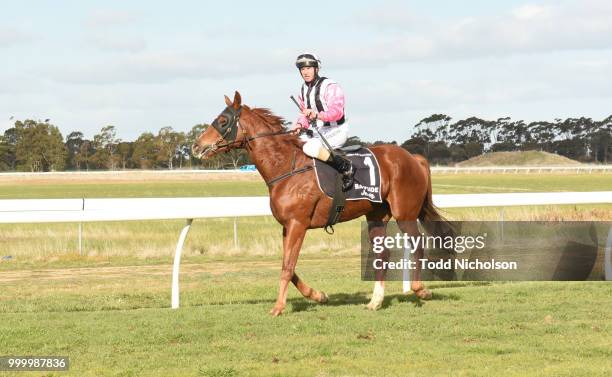 All Day Every Day ridden by Craig Robertson returns after the Shannon Bros Cartage BM58 Handicap at Murtoa Racecourse on July 16, 2018 in Murtoa,...