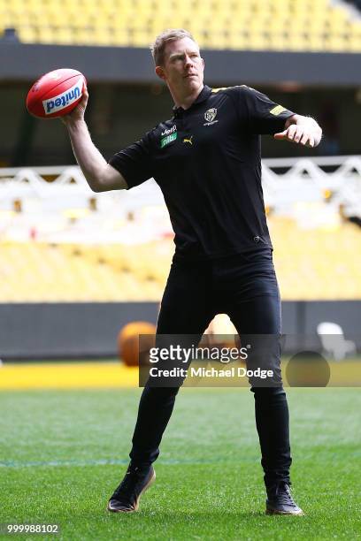Jack Riewoldt of the Tigers throws the football during the Maddie's Match AFL Media Opportunity at Etihad Stadium on July 16, 2018 in Melbourne,...